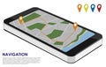Isometric smartphone with city map for urban navigation with rou