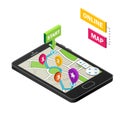 Isometric smartphone with city map on a white background. Modern infographic template. Online map, mobile navigation app