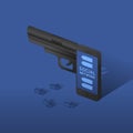 Isometric Smartphone gun weapon black color, Cyber crime in social network concept idea on blue gradient