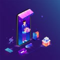 Isometric smartphone with home delivery service, multiple shopping equipments on shiny background. Online shopping concept based