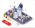 Isometric smartphone with political candidate behind rostrum, ballot box on screen, vector illustration. Online voting.