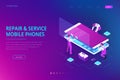 Isometric smartphone repair service concept. Electronics repair service. Same day phone repair landing page website Royalty Free Stock Photo