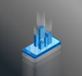 Isometric smartphone vector illustration template with skyscraper buildings coming out of the screen