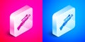 Isometric Sniper rifle with scope icon isolated on pink and blue background. Silver square button. Vector