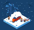 Isometric snowball winter boys walking sleigh snow background flat design vector illustration