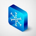 Isometric Snowflake icon isolated on grey background. Blue square button. Vector Illustration