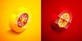 Isometric Snowflake icon isolated on orange and red background. Circle button. Vector