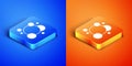 Isometric Soap water bubbles icon isolated on blue and orange background. Square button. Vector