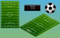 Isometric soccer playground, ball, and scoreboard. Soccer field top view. Isolated.