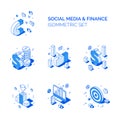 Isometric social media and finance compositions set. Line style 3D vector illustrations data analysis, money