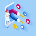 Isometric social media likes and follows or marketing magnet engaging followers concept. Royalty Free Stock Photo