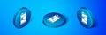 Isometric Soda can icon isolated on blue background. Blue circle button. Vector