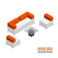 Isometric sofa, armchair and coffee table. Vector office furniture and equipment