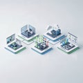 An isometric software development lifecycle scene illustrating planning, coding, testing, deployment, and monitoring in Royalty Free Stock Photo