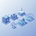 An isometric software development lifecycle scene illustrating planning, coding, testing, deployment, and monitoring in Royalty Free Stock Photo