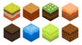 Isometric soil, land ground for game background. Sand and grass, desert and water texture, different cube pieces, cross