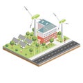 Isometric Solar Panels with Wind Turbine. Green Eco Friendly House. Infographic Element Royalty Free Stock Photo