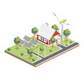 Isometric Solar Panels with Wind Turbine in Suburb. Green Eco Friendly House Royalty Free Stock Photo
