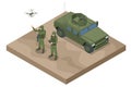 Isometric Soldiers with a drone. Special force crew. Military concept for army, soldiers and war. Artillery support and