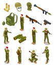 Isometric soldiers. Military special forces, warriors in army uniform, ammunition and weapons. 3d isolated vector set Royalty Free Stock Photo