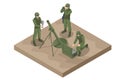 Isometric Soldiers mortar crew. Mortar gun. Special force crew. Mortar Team firing, Army Soldiers. Military concept for Royalty Free Stock Photo