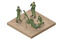 Isometric Soldiers mortar crew. Mortar gun. Special force crew. Mortar Team firing, Army Soldiers. Military concept for