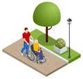 Isometric son walking with disabled father in wheelchair at park. Assistance, rehabilitation and health care. Royalty Free Stock Photo