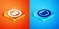 Isometric South Korean won coin icon isolated on orange and blue background. South Korea currency business, payment and