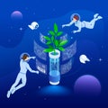 Isometric Space Colonization and travel of the future concept. Scientific research on growing plants in space. Genetic