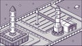 Isometric Space Launch Pad with Rocket Line Art, vector design Generative AI Royalty Free Stock Photo