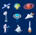 Isometric spaceships. Space satellite rocket telescope globe spaceman astronaut. Missile spacecraft 3d isolated vector