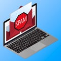 isometric spamming mailbox concept, a lot of emails on the screen of a monitor. Email box hacking, spam warning. Vector Illustrati Royalty Free Stock Photo