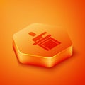 Isometric Speaker icon isolated on orange background. Orator speaking from tribune. Public speech. Person on podium