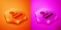 Isometric Speaker icon isolated on orange and pink background. Orator speaking from tribune. Public speech. Person on