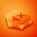 Isometric Speaker mute icon isolated on orange background. No sound icon. Volume Off symbol. Orange hexagon button