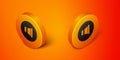 Isometric Speaker volume, audio voice sound symbol, media music icon isolated on orange background. Orange circle button