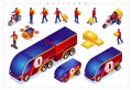 Isometric special delivery vehicles and couriers icon, set on isolated background