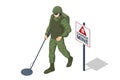 Isometric Special Forces Soldier Police, Swat Team Member. Isometric Soldiers Mine. Military landmine clearing equipment