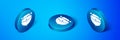 Isometric Speedboat icon isolated on blue background. Blue circle button. Vector Illustration