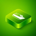 Isometric Speedboat icon isolated on green background. Green square button. Vector