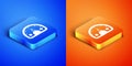 Isometric Speedometer icon isolated on blue and orange background. Square button. Vector