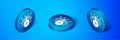 Isometric Spider icon isolated on blue background. Happy Halloween party. Blue circle button. Vector