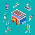 Isometric sport club concept. Vector gym building and fitness equipment. Fitness people training Royalty Free Stock Photo