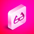 Isometric Sport cycling sunglasses icon isolated on pink background. Sport glasses icon. Silver square button. Vector Royalty Free Stock Photo