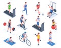 Isometric sport people, fitness, gym and yoga. People training on exercise bike and treadmill vector illustration set