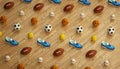 Isometric sports fitness background made of soccer, football, tennis, baseball balls and colorful running sneakers. 3d