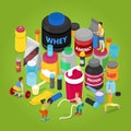 Isometric Sports Nutririon Elements with Supplements, Protein Bottle, Pills, Vitamins, Whey. People in Gym