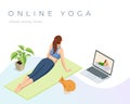 Isometric sporty young woman doing yoga practice. Fitness instructor taking online yoga classes over a video call in Royalty Free Stock Photo