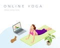 Isometric sporty young woman doing yoga practice. Fitness instructor taking online yoga classes over a video call in