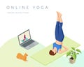 Isometric sporty young woman doing yoga practice. Fitness instructor taking online yoga classes over a video call in